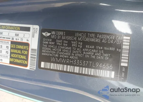 2007 Mini Cooper S z USA, uszkodzony, nr VIN WMWRH33537TL94656